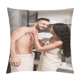 Personality  Brunette Woman Applying Face Cream On Cheek Of Cheerful Shirtless Boyfriend  Pillow Covers