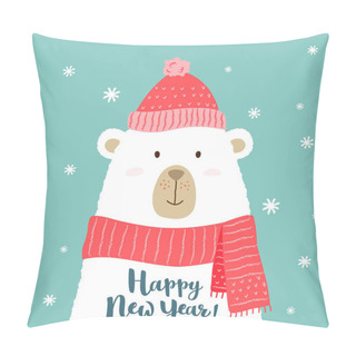 Personality  Vector Illustration Of Cute Cartoon Bear In Warm Hat And Scarf With Hand Written Happy New Year Greeting For Placards, T-shirt Prints, Greeting Cards. Pillow Covers
