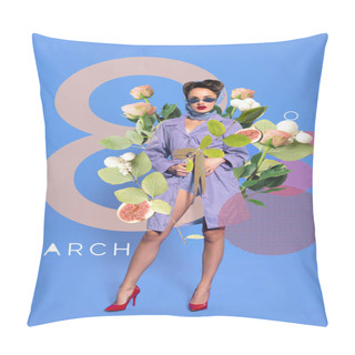Personality  8th March Greeting Card With Fashionable Woman In Retro Clothing And Sunglasses With Flowers Pillow Covers