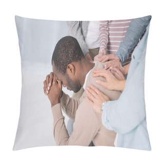 Personality  Cropped Shot Of People Supporting Depressed African American Man During Group Therapy Pillow Covers