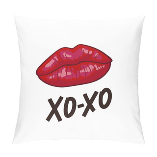 Personality  Lips Kiss And Hand Drawn Text Xoxo. Romantic Background With Red Lip Shape. Poster Design Template. Vector Illustration. Isolated On White Pillow Covers