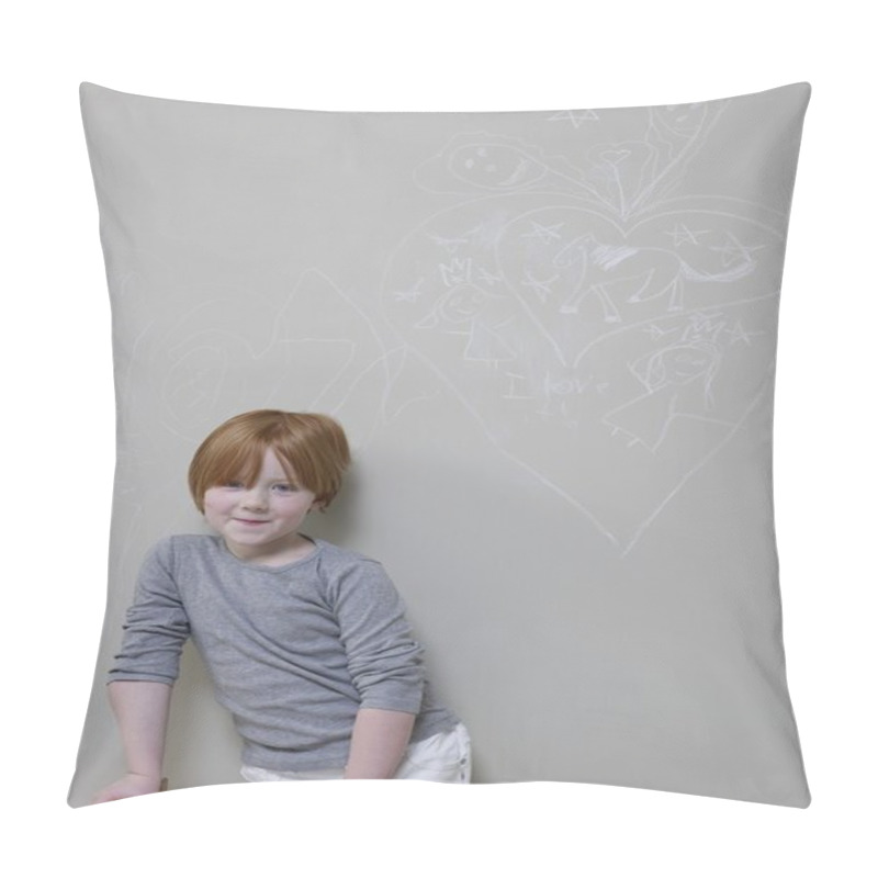 Personality  Girl stands below chalk drawing on wall pillow covers