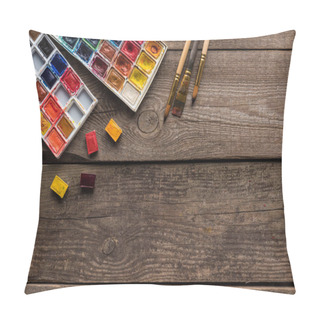 Personality  Top View Of Watercolor Paint Palettes And Paintbrushes On Wooden Surface With Copy Space Pillow Covers