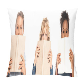 Personality  Panoramic Crop Of Multicultural Schoolgirls And Schoolboy Covering Faces With Books Isolated On White  Pillow Covers