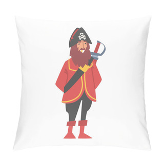 Personality  Bearded Man Pirate Or Buccaneer Character With Sabre And Hat With Crossed Bones As Marine Robber Vector Illustration Pillow Covers