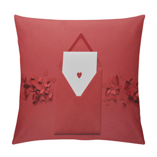 Personality  Top View Of White Letter In Envelope With Paper Cut Hearts On Red Background Pillow Covers
