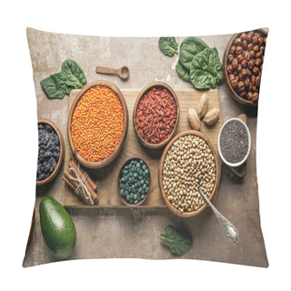 Personality  Top View Of Wooden Board With Legumes, Goji Berries And Healthy Ingredients With Rustic Background Pillow Covers