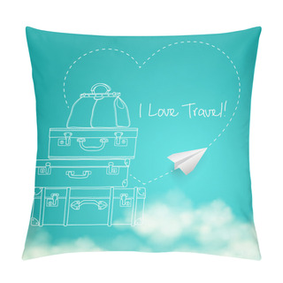 Personality  Illustration Of Flying Paper Plane Around Travel Suitcases On Sky Background Vector Pillow Covers