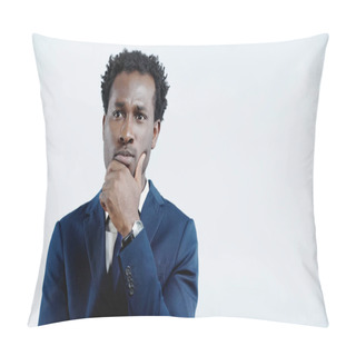 Personality  Pensive African American Businessman Looking Away And Thinking Isolated On Blue Pillow Covers
