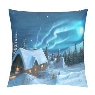 Personality  Digital Painting Of Snowy Winter Christmas Night Cottage Pillow Covers
