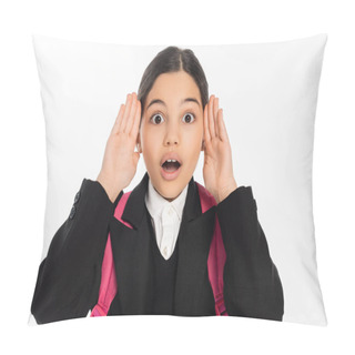 Personality  Shocked Schoolgirl In Uniform Looking At Camera Isolated On White, Student Life, Hands Near Face Pillow Covers