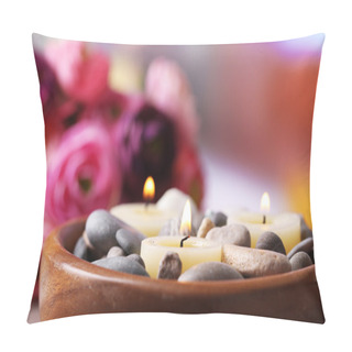 Personality  Composition With Spa Stones, Candles  And Flowers On  Bamboo Mat, On  Bright Background Pillow Covers