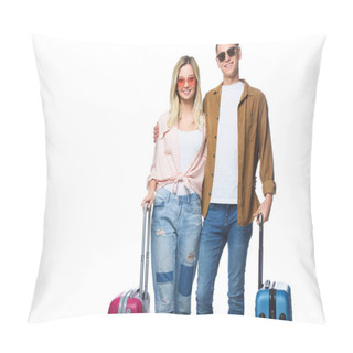 Personality  Young Smiling Couple With Suitcases Looking At Camera Isolated On White Pillow Covers