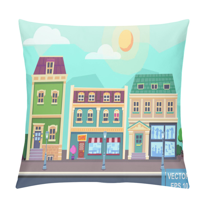 Personality  Vector cartoon retro illustration city houses facades landscape. Day cityscape. Old colourful buildings pillow covers