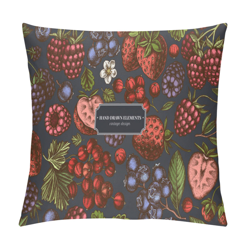 Personality  Design on dark background with strawberry, blueberry, red currant, raspberry, blackberry pillow covers