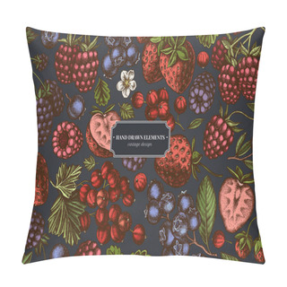 Personality  Design On Dark Background With Strawberry, Blueberry, Red Currant, Raspberry, Blackberry Pillow Covers
