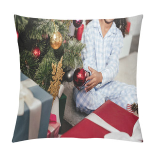 Personality  Cropped Image Of African American Child In Pajamas Decorating Christmas Tree With Toys At Home Pillow Covers