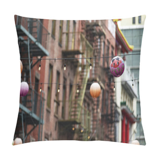 Personality  New York, USA; June 3, 2023: Chinese Red Lanterns In The Big Apple's Famous Chinatown Neighborhood With Its Festive Decorations For The Chinese New Year And Cultural Celebration. Pillow Covers