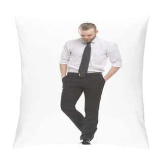 Personality  A Young Man With A Beard In His Daily Shirt Stands Tall And Holds His Hands In His Trouser Pockets, Isolated On A White Background. Pillow Covers