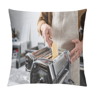 Personality  Cropped View Of Chef In Apron Putting Dough In Pasta Maker Machine In Kitchen  Pillow Covers