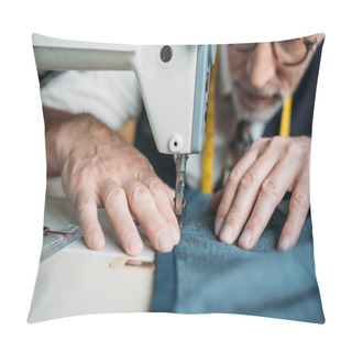 Personality  Cropped Image Of Dressmaker Sewing Cloth With Sewing Machine At Sewing Workshop Pillow Covers