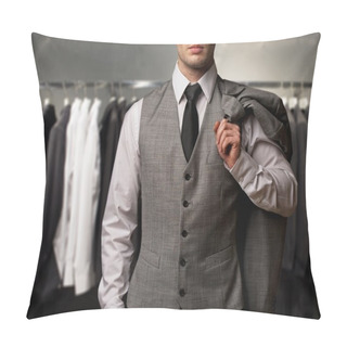Personality  Businessman In Classic Vest Against Row Of Suits In Shop Pillow Covers