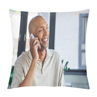 Personality  Myasthenia Gravis Disease, Bold African American Man At Work, Cheerful And Dark Skinned Office Worker With Ptosis Syndrome Talking On Smartphone, Inclusion, Corporate Culture  Pillow Covers