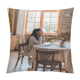 Personality  Dreamy Young Asian Woman In Casual Clothes And Earphones Sitting On Table With Hands Near Face In Kitchen Pillow Covers