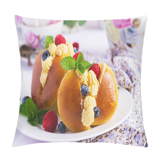 Personality  Rum Baba Decorated With Whipped Cream And Fresh Raspberry, Blueberry. Savarin With Rum, Cream And Berries. Italian Cuisine Pillow Covers