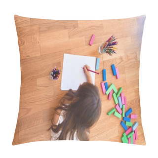 Personality Adorable Toddler Lying Down On The Floor Drawing Using Paper And Pencils At Kindergarten Pillow Covers