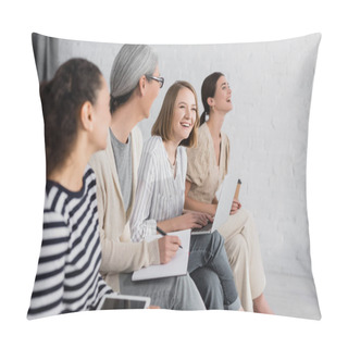 Personality  Multicultural Businesswomen Smiling While Holding Gadgets During Seminar  Pillow Covers