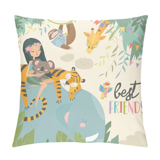 Personality  Pretty Girl With Cartoon Animal. Happy Friends Pillow Covers