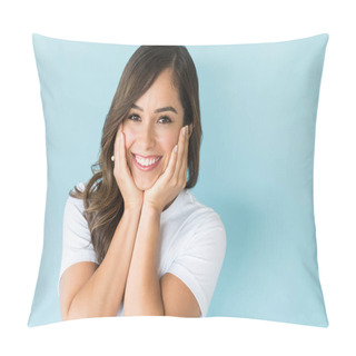 Personality  Beautiful Amazed Woman With Head In Hands Smiling Over Blue Background Pillow Covers