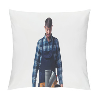 Personality  Workman In Overalls And Tool Belt Looking At Plastic Pipe Isolated On White Pillow Covers
