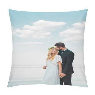 Personality  Wedding Couple In Suit And White Dress Holding Hands And Looking At Each Other On Beach Pillow Covers