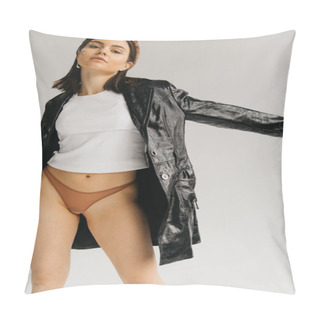 Personality  Young Woman In White Top, Beige Panties And Black Coat Posing On Grey Background Pillow Covers
