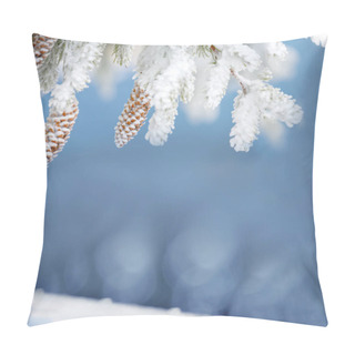 Personality  New Year Christmas Background. Fir Branches With Cones On A Blue Winter Background. Fabulous Winter Atmosphere Pillow Covers