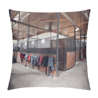 Personality  Horse Barn With Open Wooden Door. With Set Of Saddle Pads    Pillow Covers