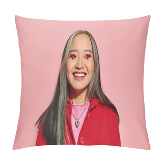 Personality  Valentines Day Concept, Cheerful Asian Woman With Heart Shaped Eye Makeup Posing On Pink Backdrop Pillow Covers