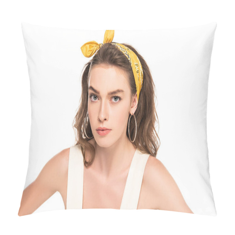Personality  Young Angry Housewife In Dress And Headband Looking At Camera Isolated On White Pillow Covers