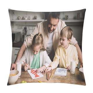Personality  Happy Daddy Standing Near Adorable Kids Drawing Fathers Day Greeting Cards While Sitting At Kitchen Table With Served Breakfast Pillow Covers