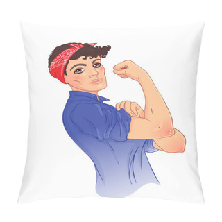 Personality  We Can Do It! Design Inspired By Classic Vintage Feminist Poster.  Woman Empowerment. Vector Illustration In Cartoon Style. Girl With Short Hair Her Fist Raised Up. International Women Day Concept. Pillow Covers
