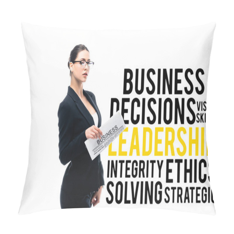 Personality  confident businesswoman looking at camera and holding newspaper near business decisions, vision skills, leadership, integrity, ethics solving and strategic lettering isolated on white pillow covers