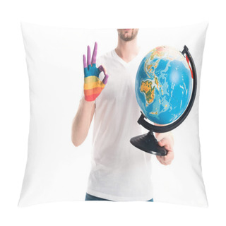 Personality  Cropped Image Of Man Holding Globe And Showing Okay Gesture With Hand Painted In Rainbow Isolated On White, World Aids Day Concept Pillow Covers