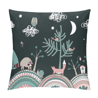 Personality  Cute Doodle Kids Seamless Pattern With Ornamented Hills, And Cartoon Trees And Animals. Fairy Night Vector Illustration. Pillow Covers