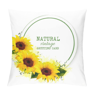 Personality  Nature Vintage Greeting Card With Yellow Sunflowers. Vector. Pillow Covers