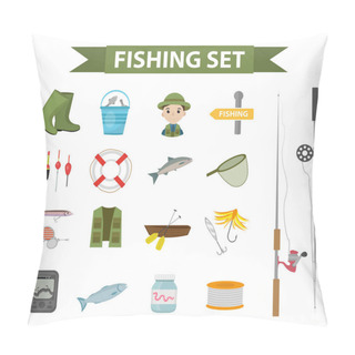 Personality  Fishing Icon Set, Flat, Cartoon Style. Fishery Collection Objects, Design Elements, Isolated On White Background. Fisherman S Tools With A Fishing Rod, Tackle, Bait, Boat. Vector Ilustration, Clipart Pillow Covers