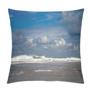 Personality  A Beautiful Shot Of A Wavy Sea Taken From A Seashore Under A Cloudy Blue Sky Pillow Covers