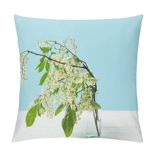 Personality  Branches Of White Bird Cherry Blossom In Glass Isolated On Blue Pillow Covers