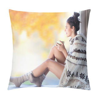 Personality  Woman With Cup Sitting By The Window Pillow Covers